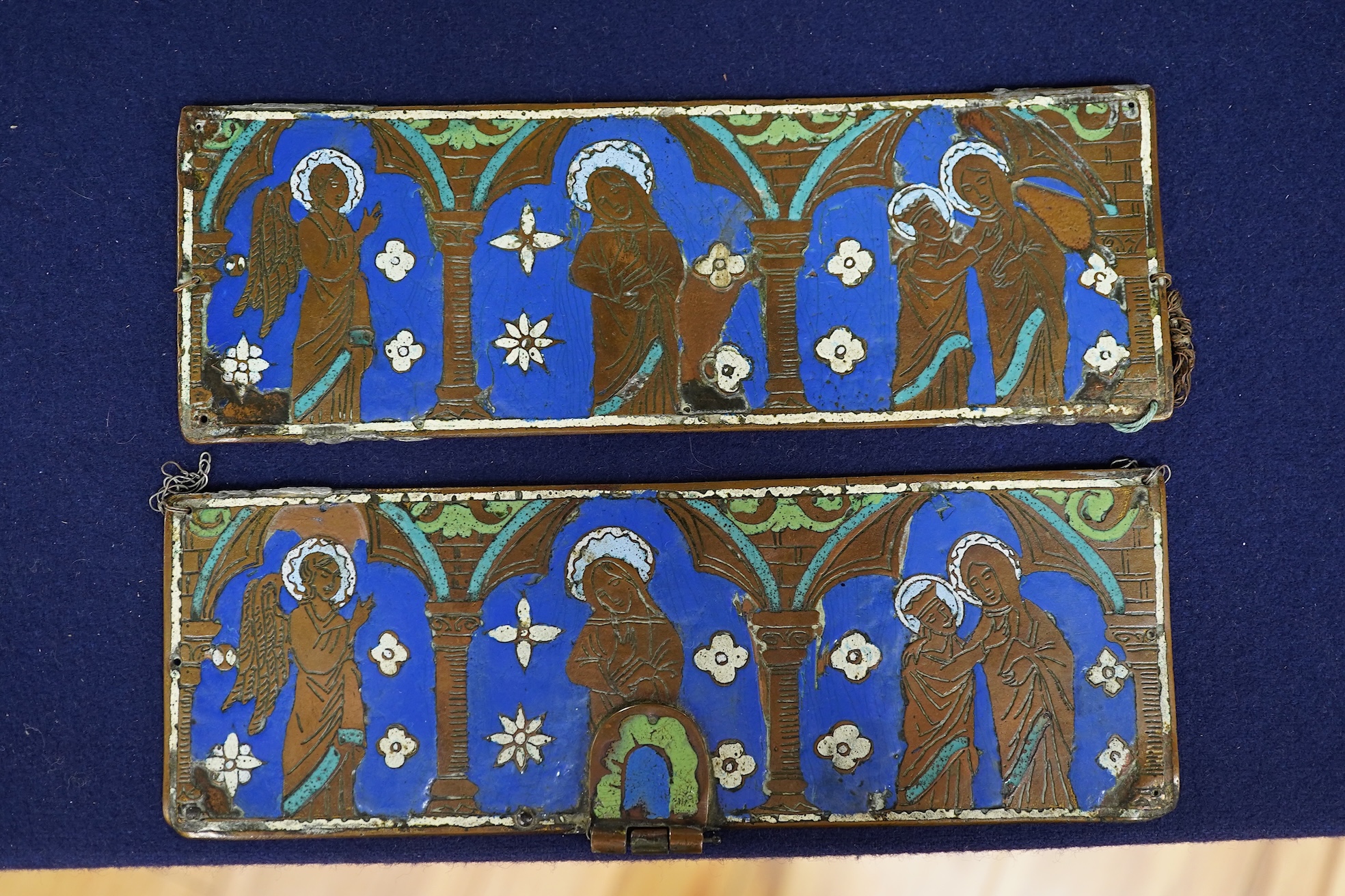 Two Limoges enamel and brass panels in medieval style, related Philips auction catalogue, 7.5 x 22cm